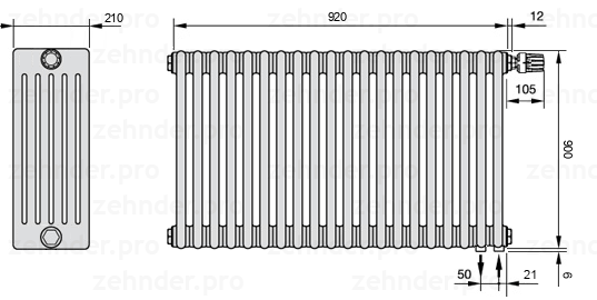 Схема (чертеж) Радиатор Zehnder Charleston 6090/20 №V002 Белый глянцевый RAL 9016
